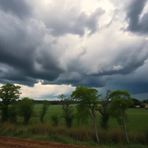 Dark storm clouds over rural landscape with trees